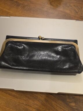Hobo Black Leather Kiss-Lock Clutch Wallet with Brass Frame